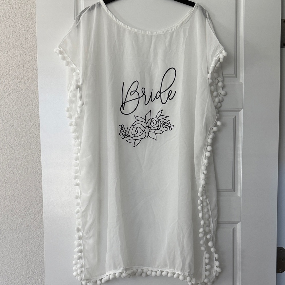 White Bride Cover-Up with Pom Pom Trim